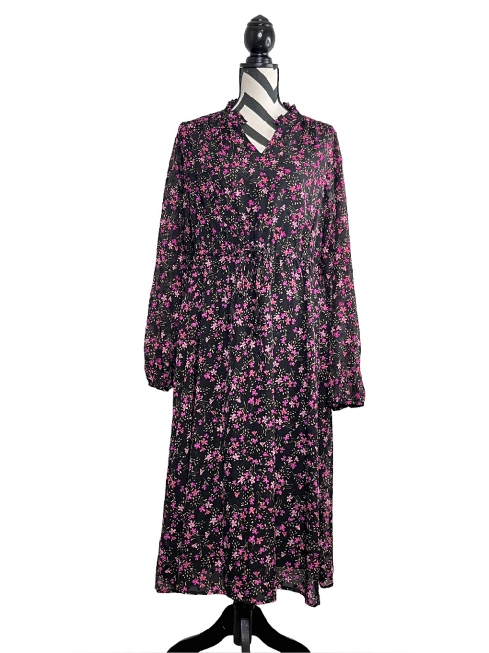 Draper James RSVP Sz XL Dark Floral Ditsy Sheer Flowy Long-Sleeve Midi Dress